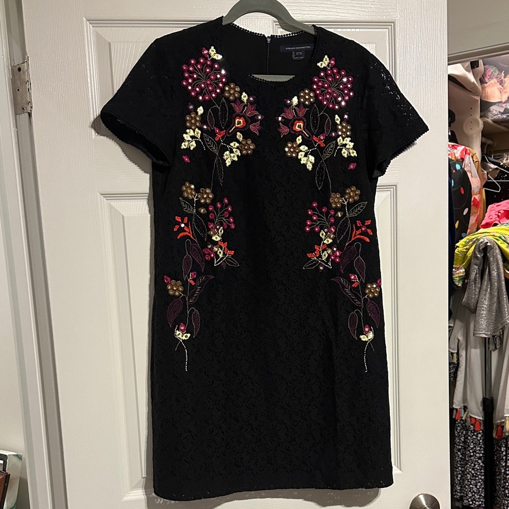 French Connection Black Mini Dress with Floral Embroidery